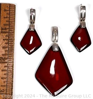 Dark Amber Color Earrings and Pendant with Sterling 