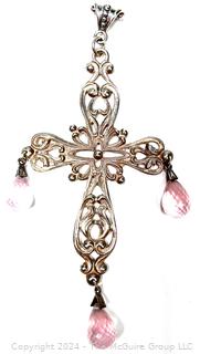 Large Sterling Silver Filigree Crucifix Pendant with Rose Quartz Faceted Beads.  4 3/4"