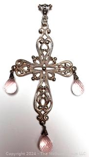 Large Sterling Silver Filigree Crucifix Pendant with Rose Quartz Faceted Beads.  4 3/4"