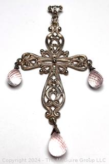 Large Sterling Silver Filigree Crucifix Pendant with Rose Quartz Faceted Beads.  4 3/4"