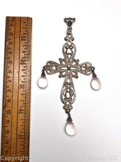 Large Sterling Silver Filigree Crucifix Pendant with Rose Quartz Faceted Beads.  4 3/4"