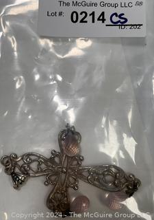 Large Sterling Silver Filigree Crucifix Pendant with Rose Quartz Faceted Beads.  4 3/4"