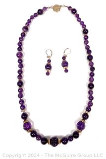 Amethyst Bead Necklace and Earrings with 14kt Gold Findings. 21" long