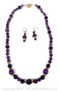 Amethyst Bead Necklace and Earrings with 14kt Gold Findings. 21" long