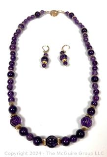 Amethyst Bead Necklace and Earrings with 14kt Gold Findings. 21" long