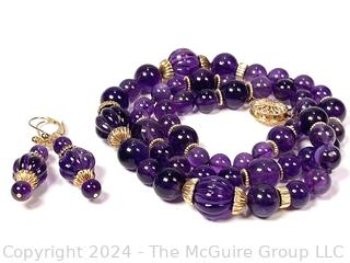 Amethyst Bead Necklace and Earrings with 14kt Gold Findings. 21" long