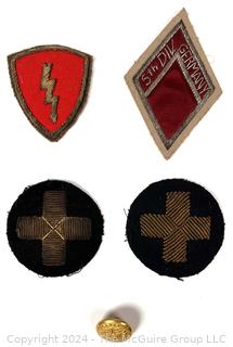 Four  (4) Hand Stitched WWII Military Patches and Button