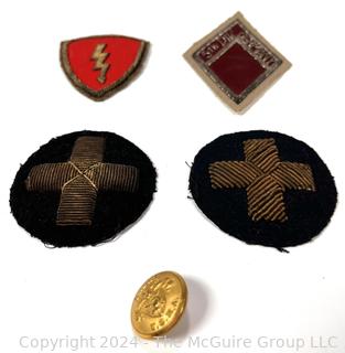 Four  (4) Hand Stitched WWII Military Patches and Button