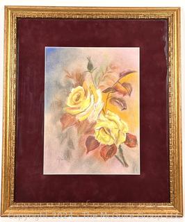 Framed Under Glass Watercolor of Yellow Roses Signed by Artist Monic.  16" x 19".