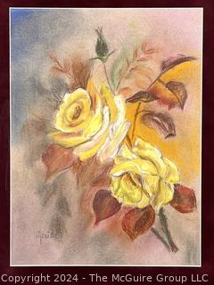 Framed Under Glass Watercolor of Yellow Roses Signed by Artist Monic.  16" x 19".