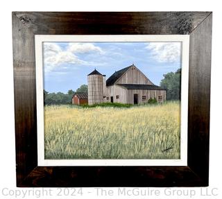 Framed Oil on Board of Barn in Field Signed by Artist Dorothy Newhall, 1977.  