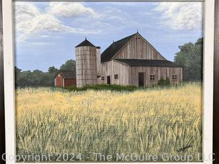 Framed Oil on Board of Barn in Field Signed by Artist Dorothy Newhall, 1977.  