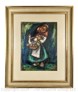 Framed Under Glass Watercolor?? of Peasant Girl with Bread Signed by Artist.  19" x 23"