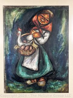 Framed Under Glass Watercolor?? of Peasant Girl with Bread Signed by Artist.  19" x 23"