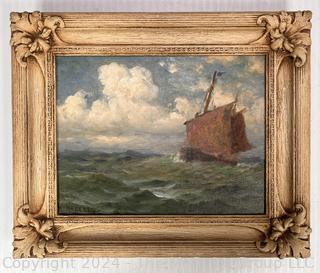 Gilt Framed Oil on Canvas of Ship at Sea Signed by Artist Nels Hagerup.  Full provenance on back.  Has been professionally cleaned.  11" x 14"