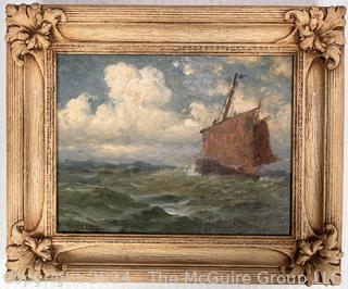 Gilt Framed Oil on Canvas of Ship at Sea Signed by Artist Nels Hagerup.  Full provenance on back.  Has been professionally cleaned.  11" x 14"