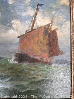 Gilt Framed Oil on Canvas of Ship at Sea Signed by Artist Nels Hagerup.  Full provenance on back.  Has been professionally cleaned.  11" x 14"