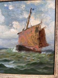 Gilt Framed Oil on Canvas of Ship at Sea Signed by Artist Nels Hagerup.  Full provenance on back.  Has been professionally cleaned.  11" x 14"