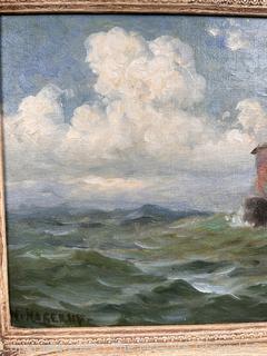 Gilt Framed Oil on Canvas of Ship at Sea Signed by Artist Nels Hagerup.  Full provenance on back.  Has been professionally cleaned.  11" x 14"