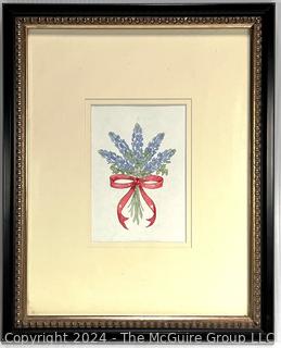 Framed Under Glass Ink on Paper of Lavender Bouquet Signed by Artist RA Hayes.  13" x 16"