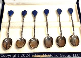 Set of Six (6) Sterling Silver with Lapis Lazuli Inset Demitasse Spoons in Presentation Box. 