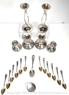 Weighted Sterling Silver and Silver Plated Candle Sticks and Spoons