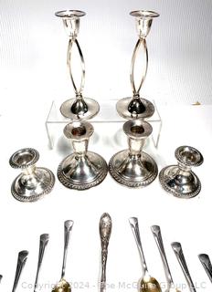 Weighted Sterling Silver and Silver Plated Candle Sticks and Spoons