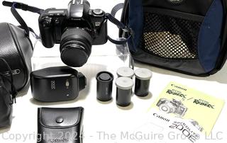 35mm film Camera Equipment Including Canon EOS Rebel XS and Camera Bag