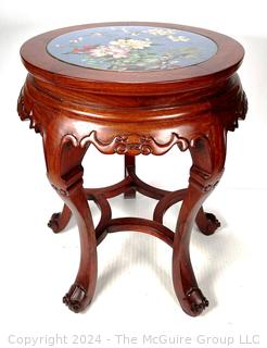 Round Chinese Pedestal Table with Carved Legs and Inlaid Cloisonne Top with Flowers on Blue Background