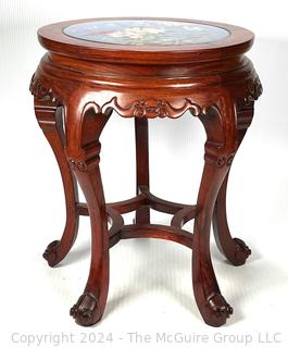 Round Chinese Pedestal Table with Carved Legs and Inlaid Cloisonne Top with Flowers on Blue Background