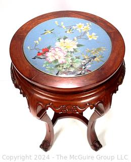 Round Chinese Pedestal Table with Carved Legs and Inlaid Cloisonne Top with Flowers on Blue Background