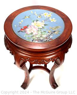 Round Chinese Pedestal Table with Carved Legs and Inlaid Cloisonne Top with Flowers on Blue Background