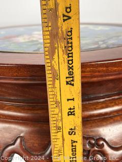 Round Chinese Pedestal Table with Carved Legs and Inlaid Cloisonne Top with Flowers on Blue Background