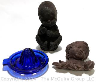 Cast Iron Baby Topper, Cherub Wall Decoration and Blue Glass Reamer