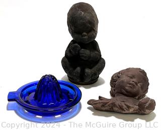 Cast Iron Baby Topper, Cherub Wall Decoration and Blue Glass Reamer