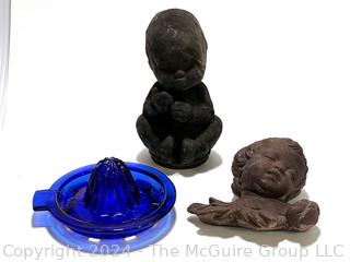 Cast Iron Baby Topper, Cherub Wall Decoration and Blue Glass Reamer