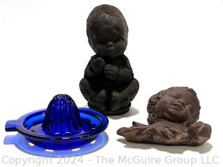 Cast Iron Baby Topper, Cherub Wall Decoration and Blue Glass Reamer