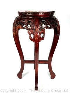 Asian Carved Wood Plant Stand with Marble Insert