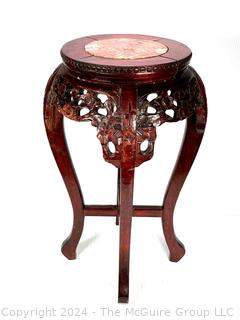 Asian Carved Wood Plant Stand with Marble Insert