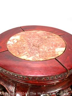 Asian Carved Wood Plant Stand with Marble Insert