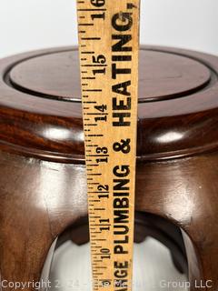 Chinoiserie Asian Open Work Wood Drum Tables Stools.  First of three offered in this auction.