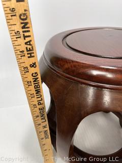 Chinoiserie Asian Open Work Wood Drum Tables Stools.  Second of three offered in this auction.