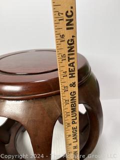 Chinoiserie Asian Open Work Wood Drum Tables Stools.  Third of three offered in this auction.