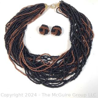 Multi Strand Brown & Black Sead Bead Necklace with Matching Clip On Earrings