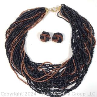 Multi Strand Brown & Black Sead Bead Necklace with Matching Clip On Earrings