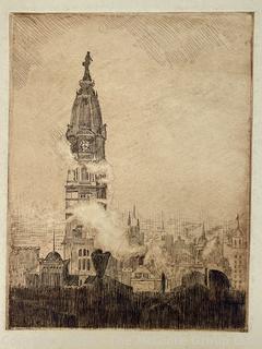 Etching of Downtown Philadelphia With The Tower of City Hall Topped With The Statue of William Penn 1930s. 8.5" x 11.5