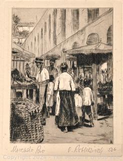 ??????????????? Etching Titled "Mercado Rio" 4 x 5"