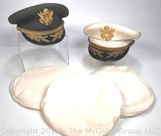 Two (2) Military WW2 US Army Officers Field Grade Visor Hats with Three (3) White Hat Covers