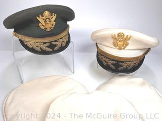 Two (2) Military WW2 US Army Officers Field Grade Visor Hats with Three (3) White Hat Covers