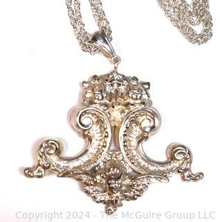 Victorian Rococo Revival Sterling Silver Cast Pendant on Double Chain.  